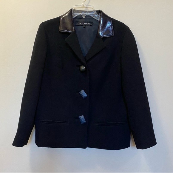 TER ET BANTINE Black Wool Blend Jacket Purple Patent Collar Size 44 - Picture 1 of 9